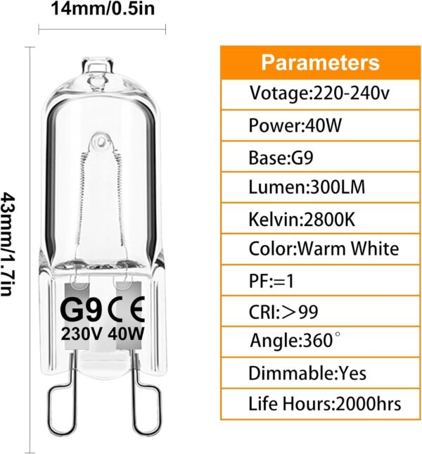 Jaenmsa G9 Halogen Light Bulbs, G9 40W Halogen Bulbs,12 Pack [Energy Class G] - Image 6