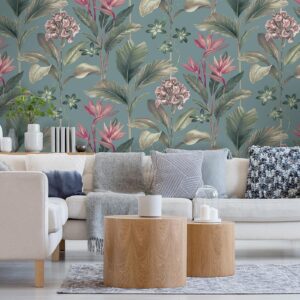Oliana Teal Tropical Floral Wallpaper 